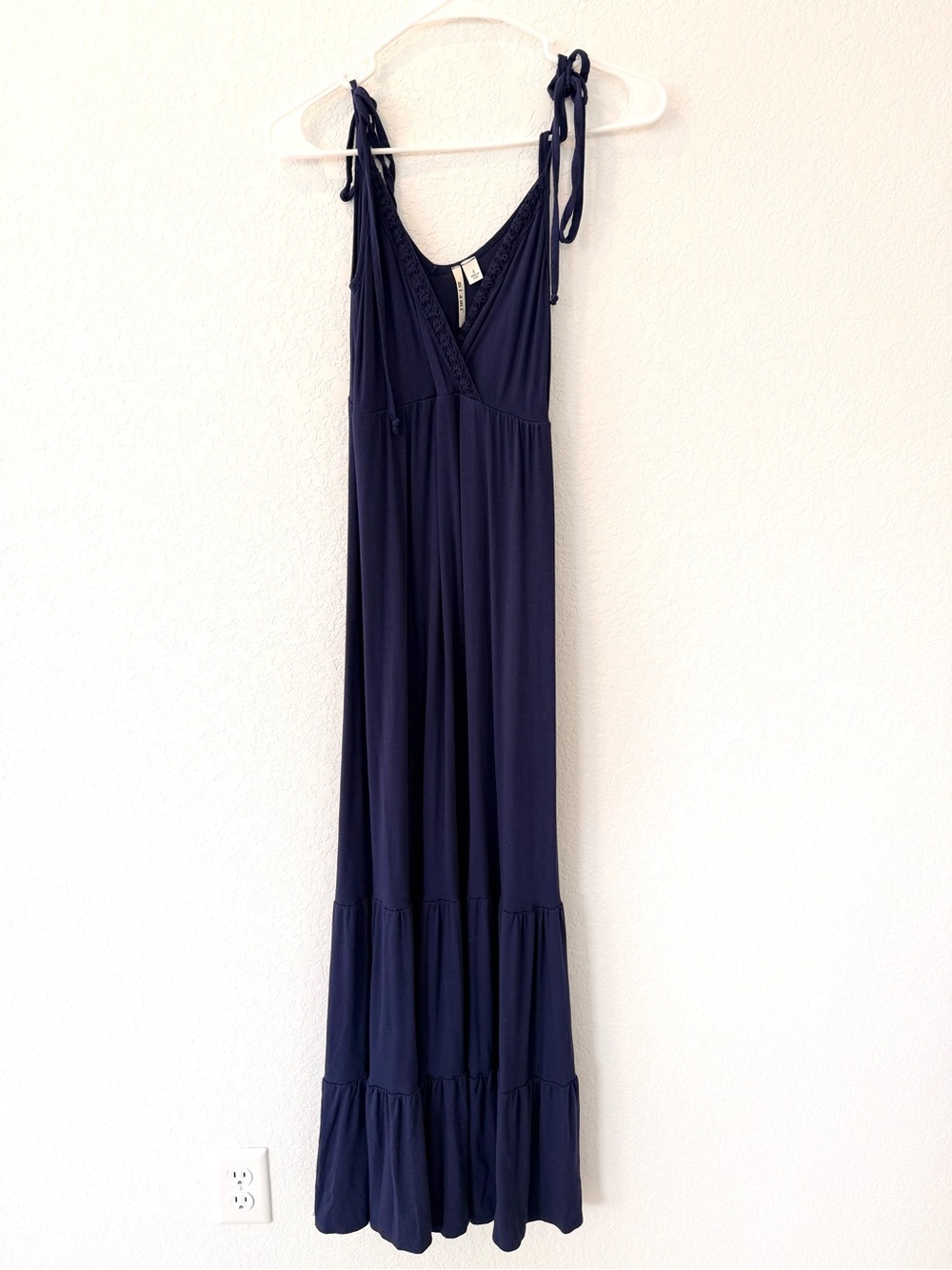 Beach Navy Boho Maxi Dress | Crochet Trim Tie Strap Tiered | Small
